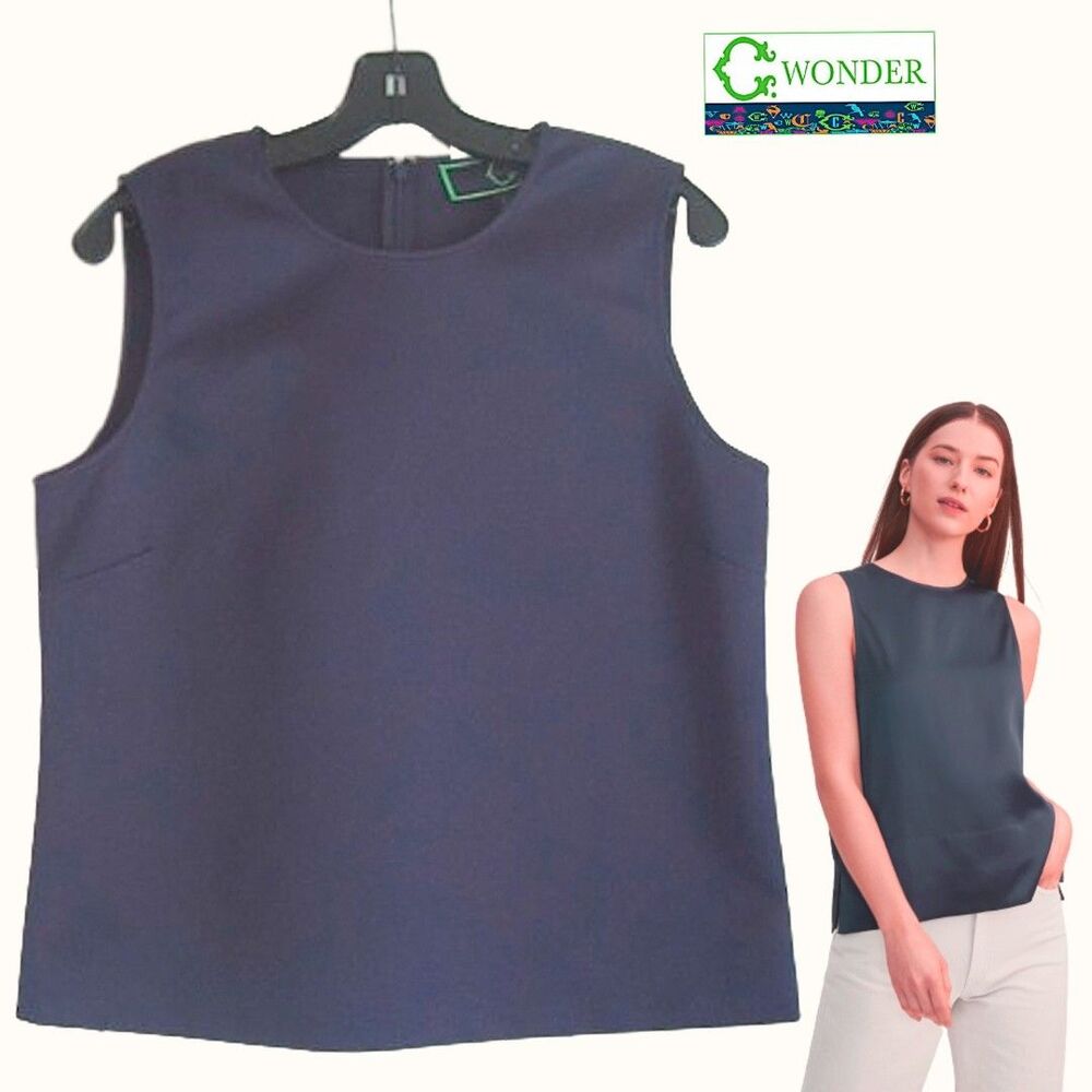 C. Wonder NEW Navy Satin Crew Neck Back Zip Sleeveless Top 10 NWT